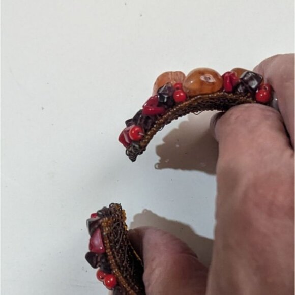 Red & Orange Gemstone Beads Clamp Bracelet Woven Boho Style Handmade Adjustable - Picture 4 of 5